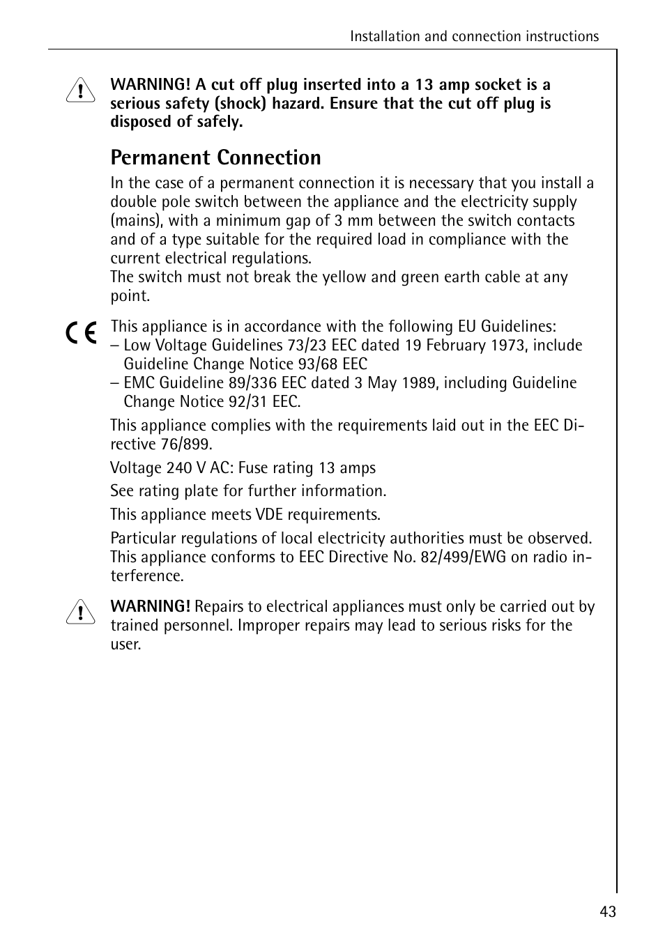 Permanent connection | Electrolux LAVAMAT W 1259 User Manual | Page 43 / 52