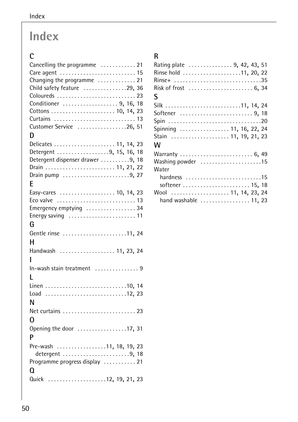 Index | Electrolux LAVAMAT W 1259 User Manual | Page 50 / 52