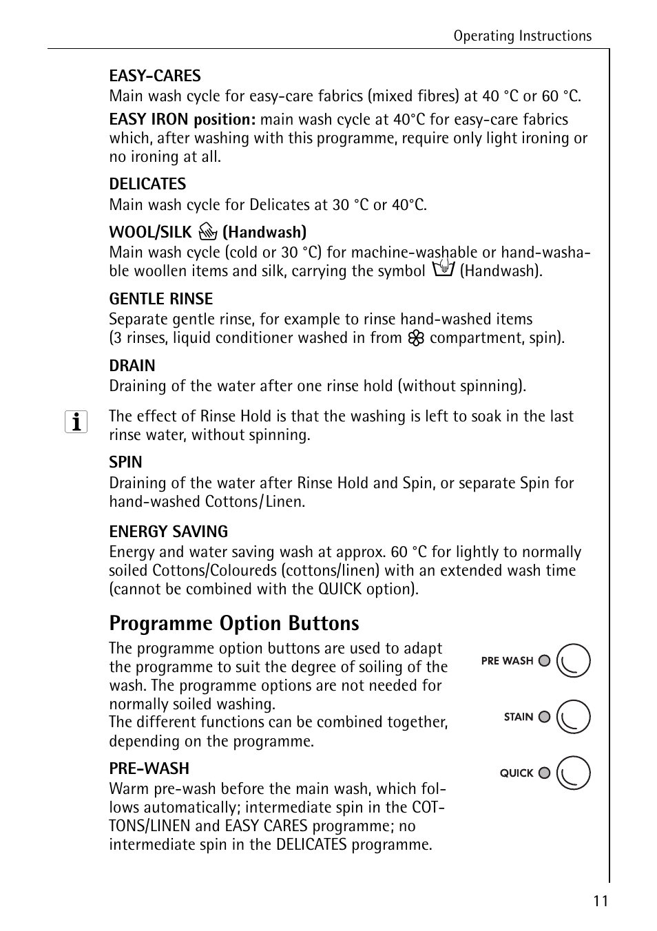 Programme option buttons | Electrolux lavamat W 1250 User Manual | Page 11 / 52