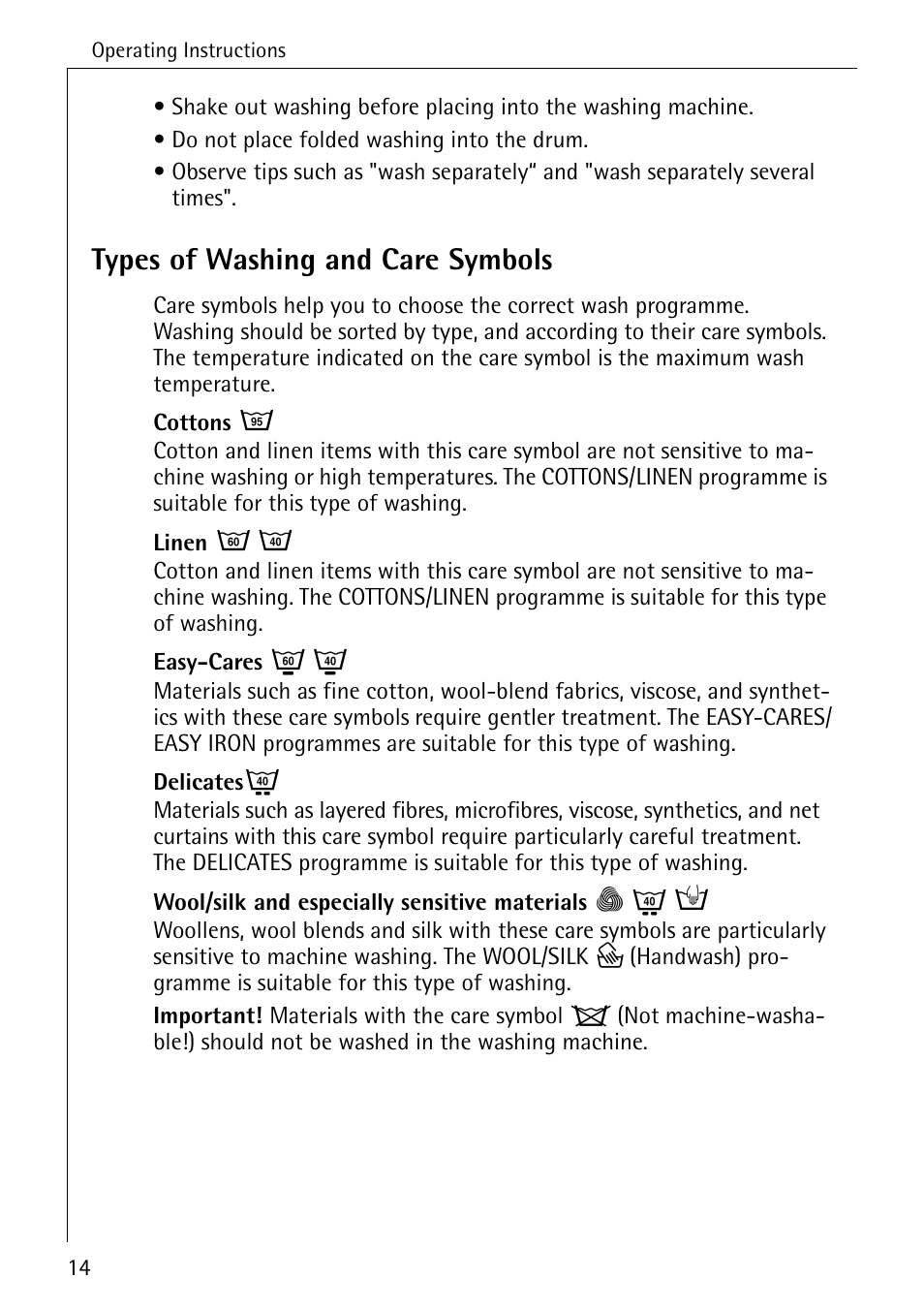 Types of washing and care symbols | Electrolux lavamat W 1250 User Manual | Page 14 / 52