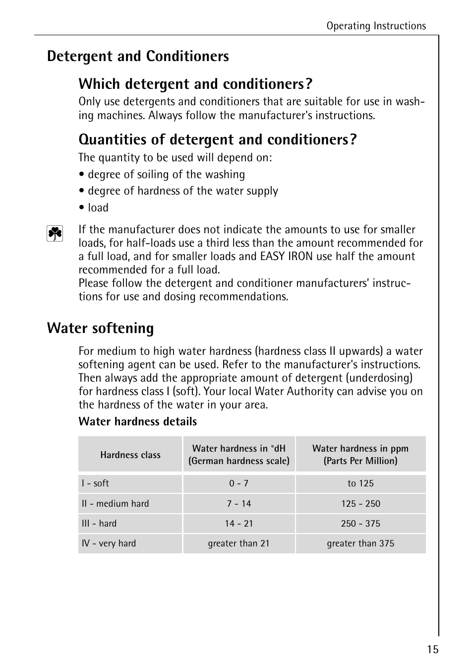 Quantities of detergent and conditioners, Water softening | Electrolux lavamat W 1250 User Manual | Page 15 / 52