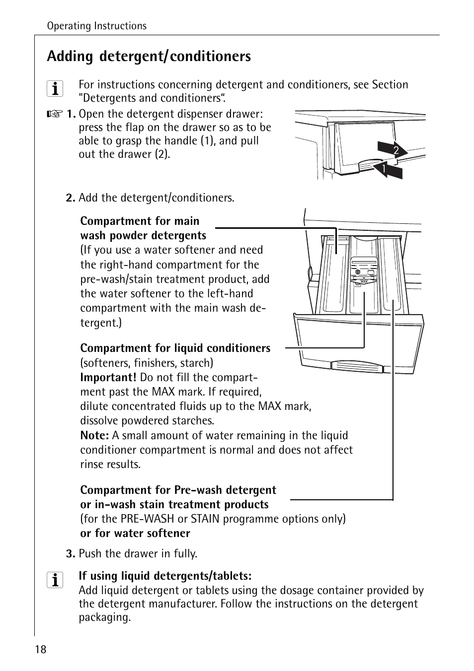 Adding detergent/conditioners | Electrolux lavamat W 1250 User Manual | Page 18 / 52