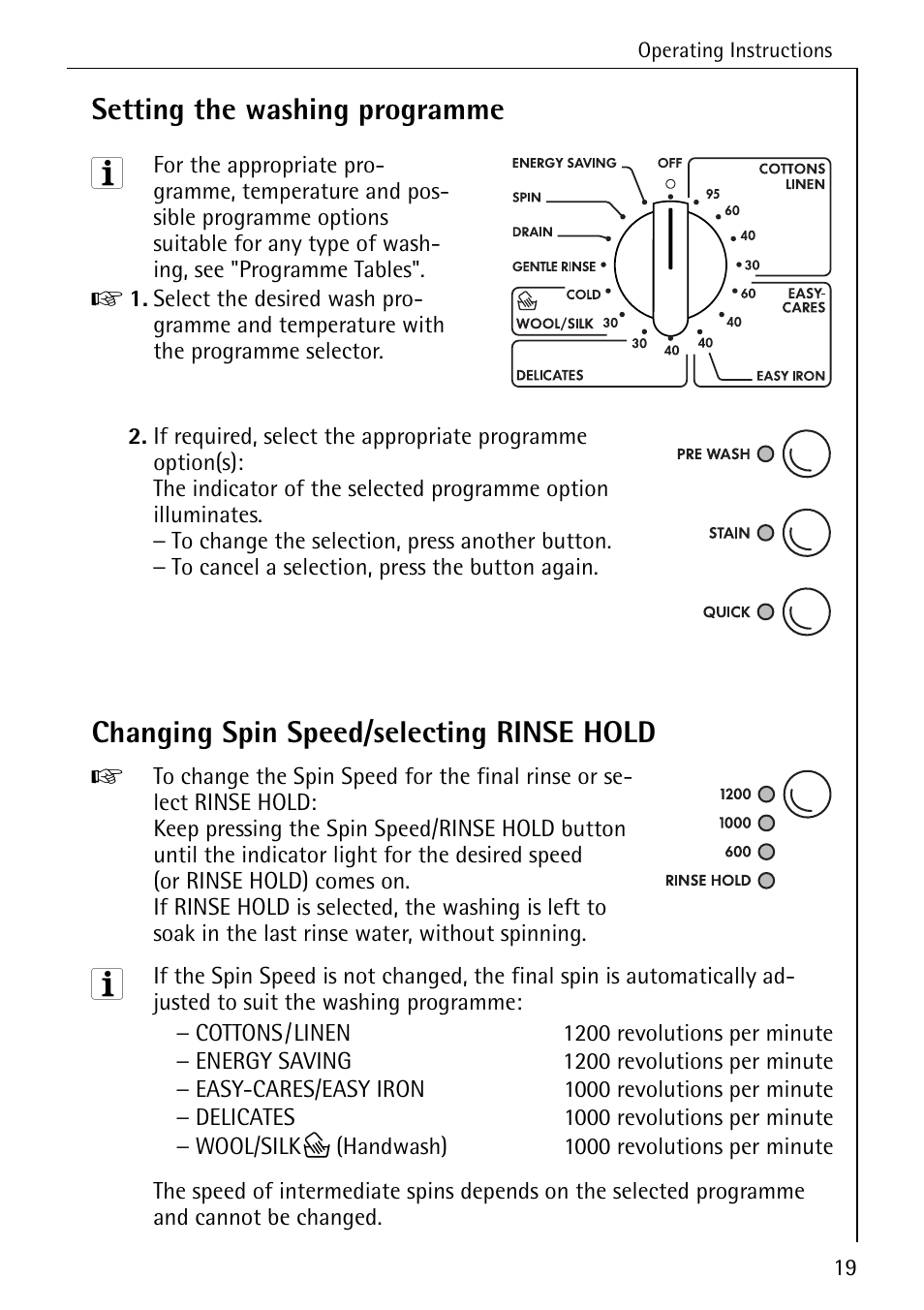 Setting the washing programme, Changing spin speed/selecting rinse hold | Electrolux lavamat W 1250 User Manual | Page 19 / 52