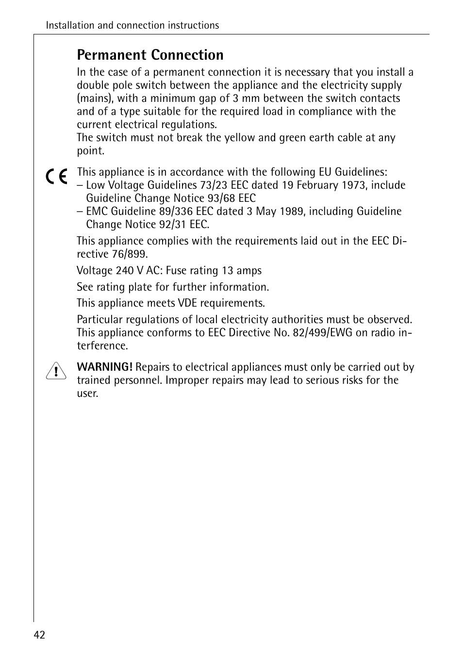 Permanent connection | Electrolux lavamat W 1250 User Manual | Page 42 / 52