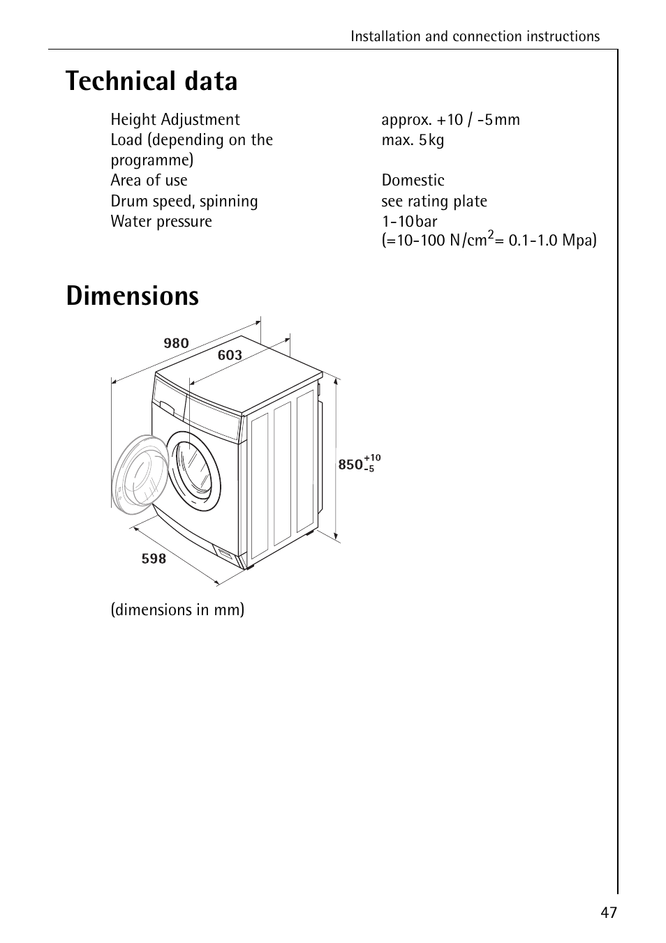 Technical data dimensions | Electrolux lavamat W 1250 User Manual | Page 47 / 52