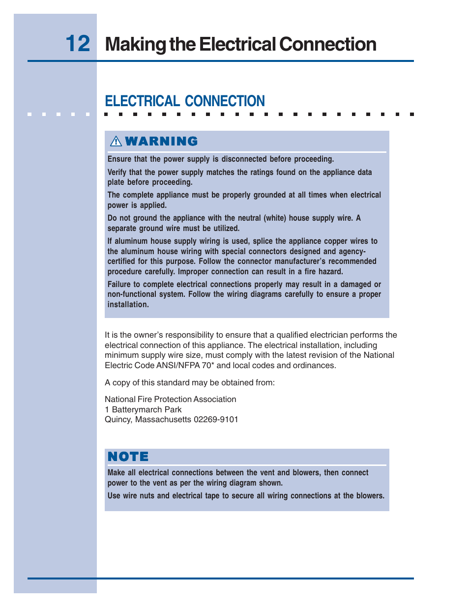 Making the electrical connection, Electrical connection | Electrolux E46DD75ESS User Manual | Page 12 / 14