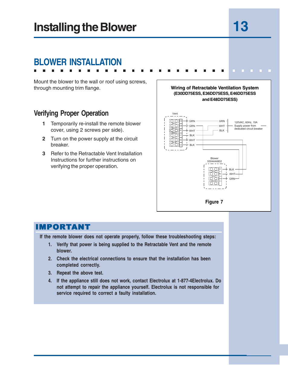 Installing the blower, Blower installation, Verifying proper operation | Impor | Electrolux E46DD75ESS User Manual | Page 13 / 14