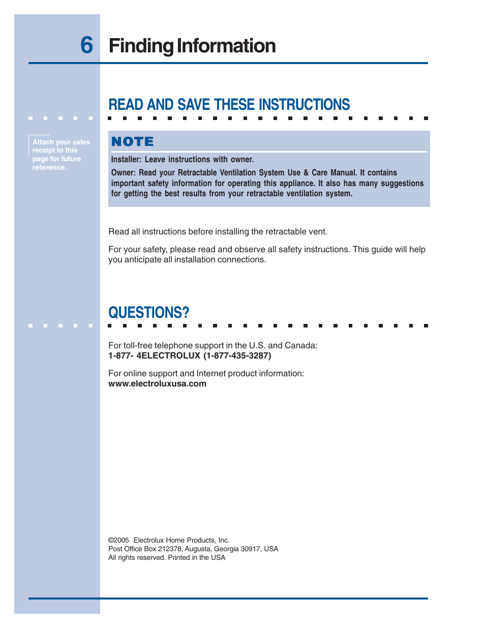 Finding information, Read and save these instructions, Questions | Electrolux E46DD75ESS User Manual | Page 6 / 14