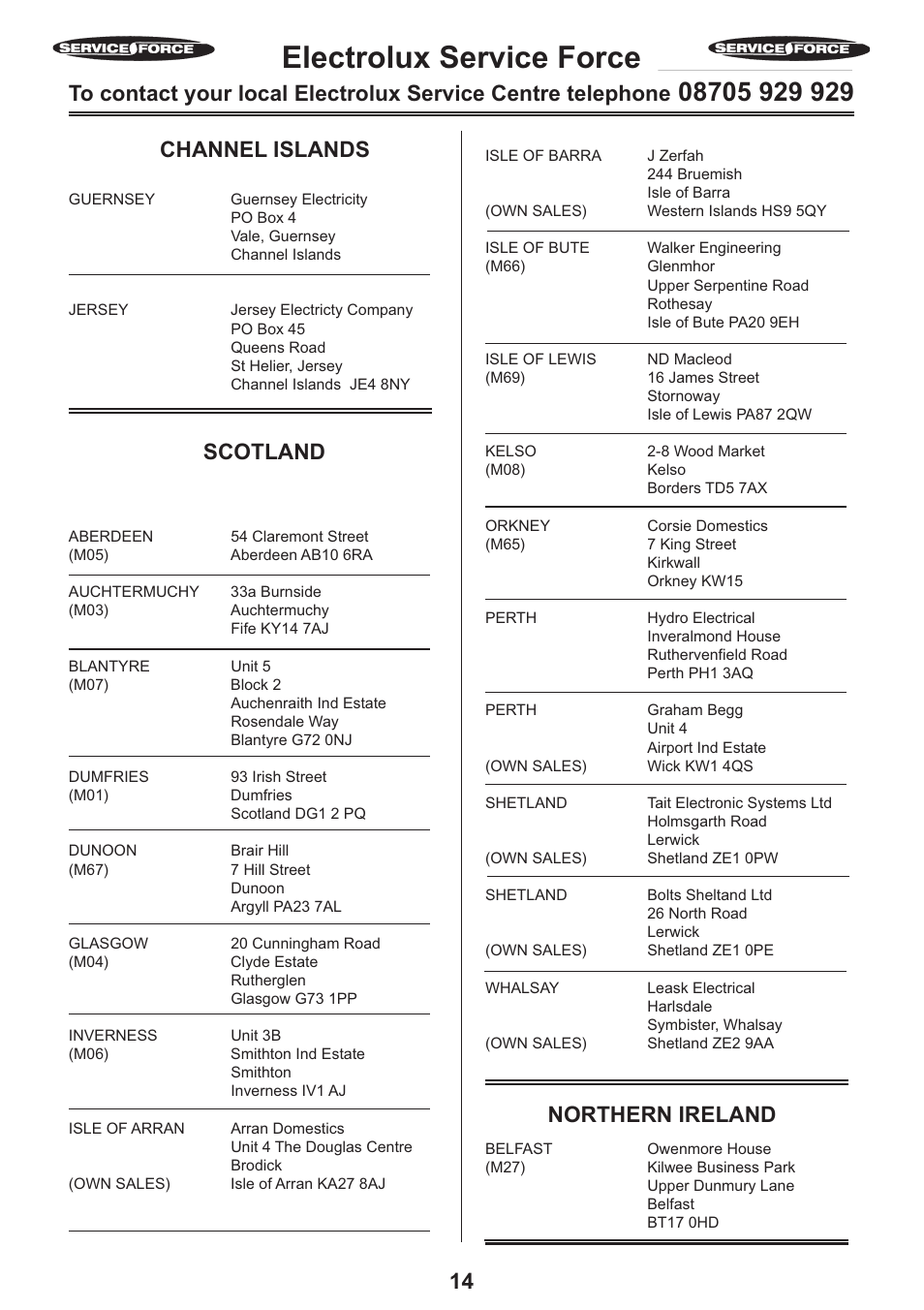 Electrolux service force, Channel islands, Scotland | Northern ireland | Electrolux EFT 605 User Manual | Page 14 / 20