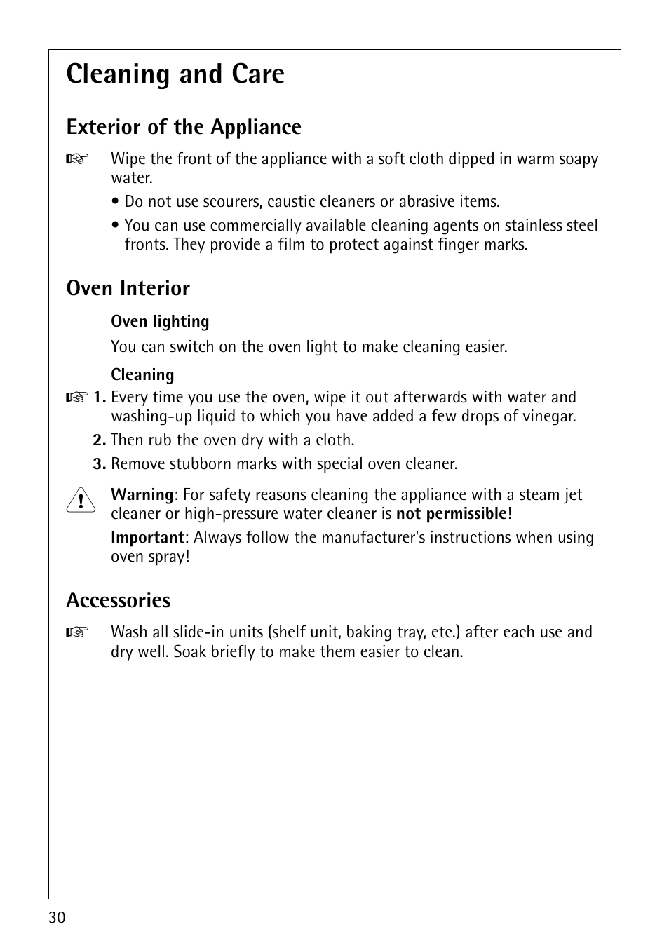 Cleaning and care, Exterior of the appliance, Oven interior | Accessories | Electrolux B1100-1 User Manual | Page 30 / 44