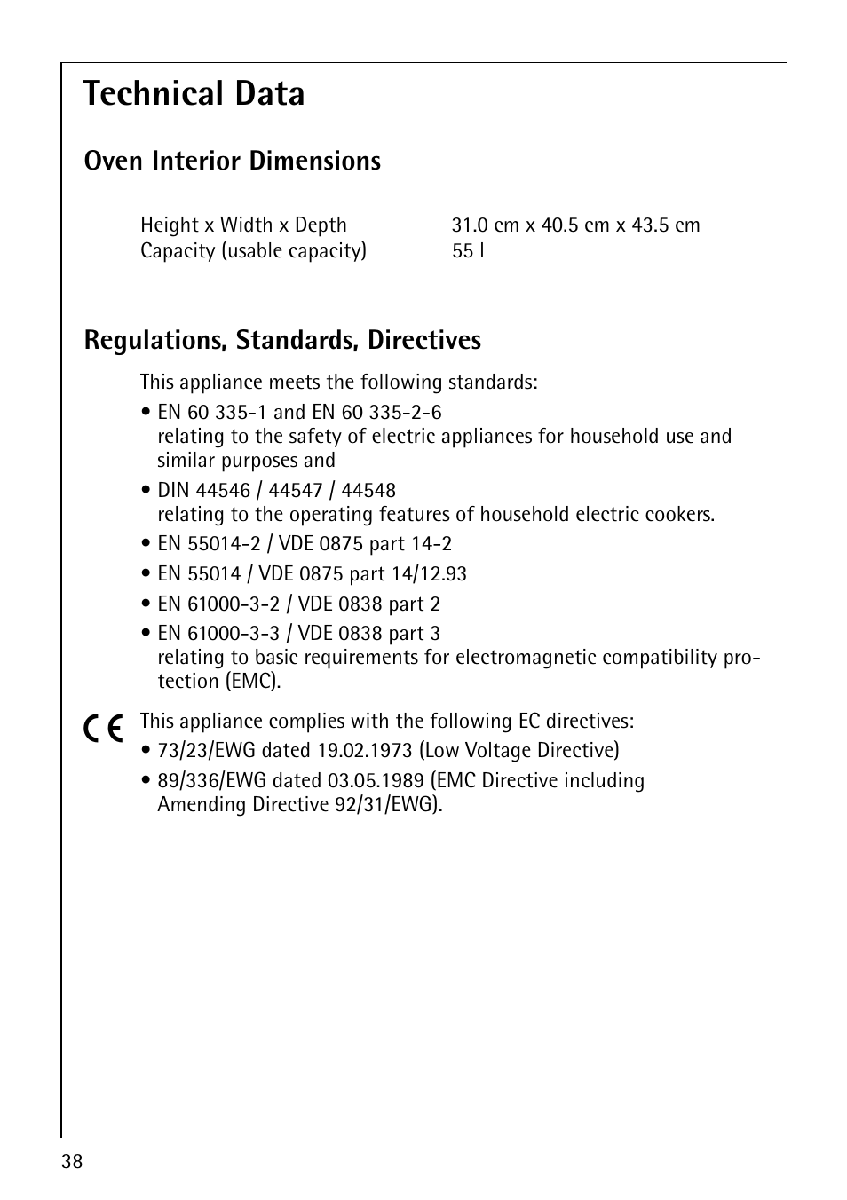 Technical data | Electrolux B1100-1 User Manual | Page 38 / 44