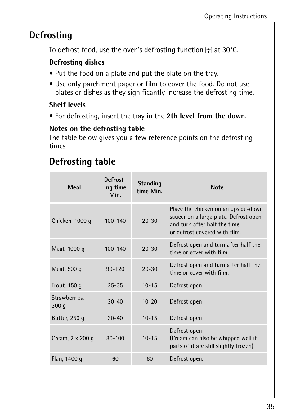 Defrosting, Defrosting table | Electrolux B1180-1 User Manual | Page 35 / 56