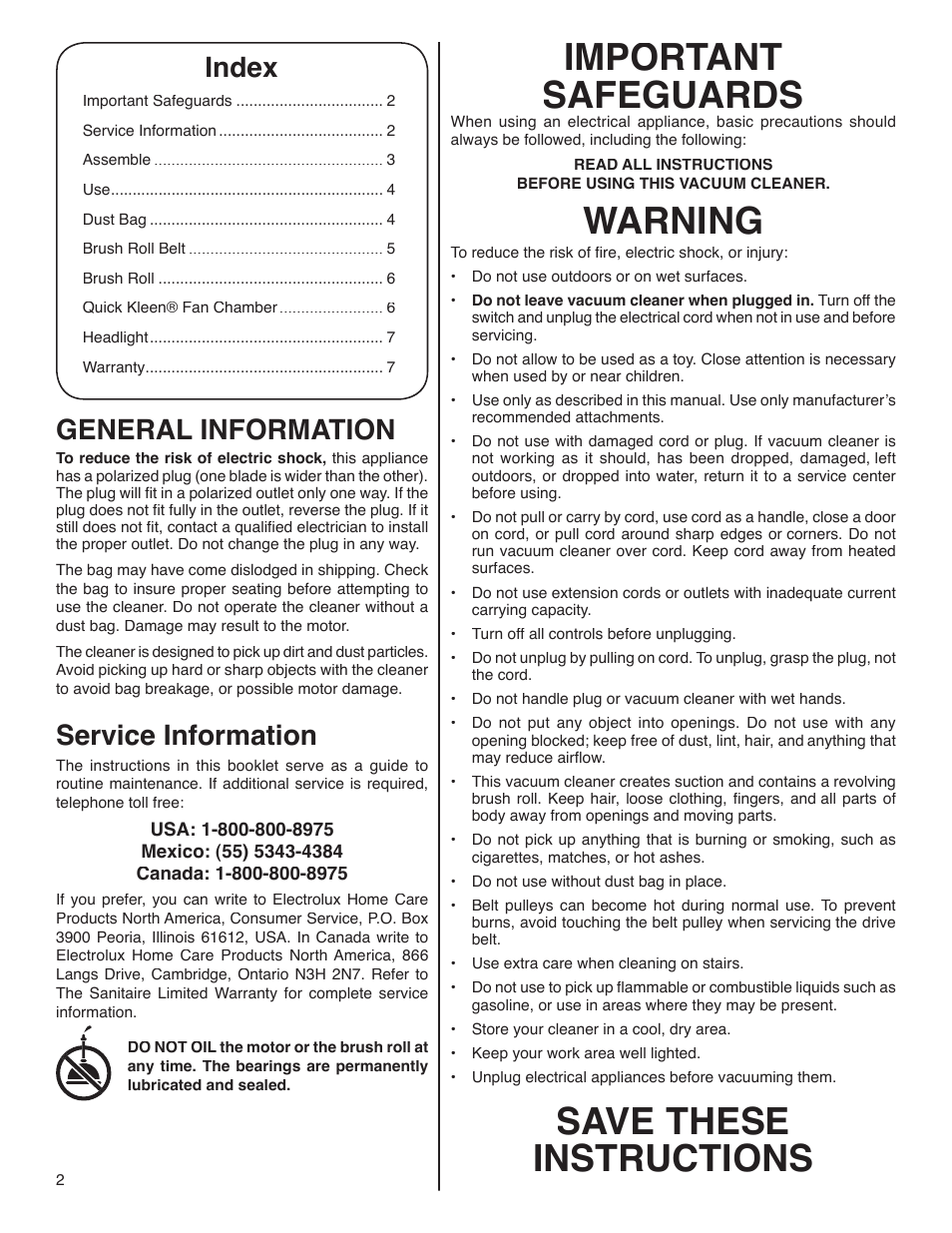 Important safeguards, Warning, Save these instructions | Index, General information, Service information | Electrolux S670 User Manual | Page 2 / 7