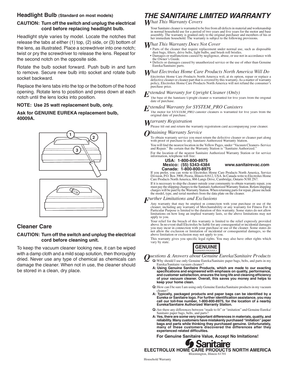 The sanitaire limited warranty | Electrolux S670 User Manual | Page 7 / 7