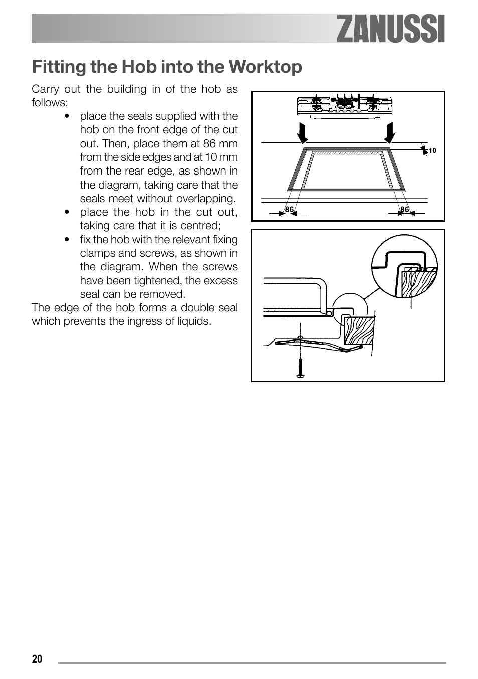 Fitting the hob into the worktop | Electrolux ZGS 782 ICT User Manual | Page 20 / 32