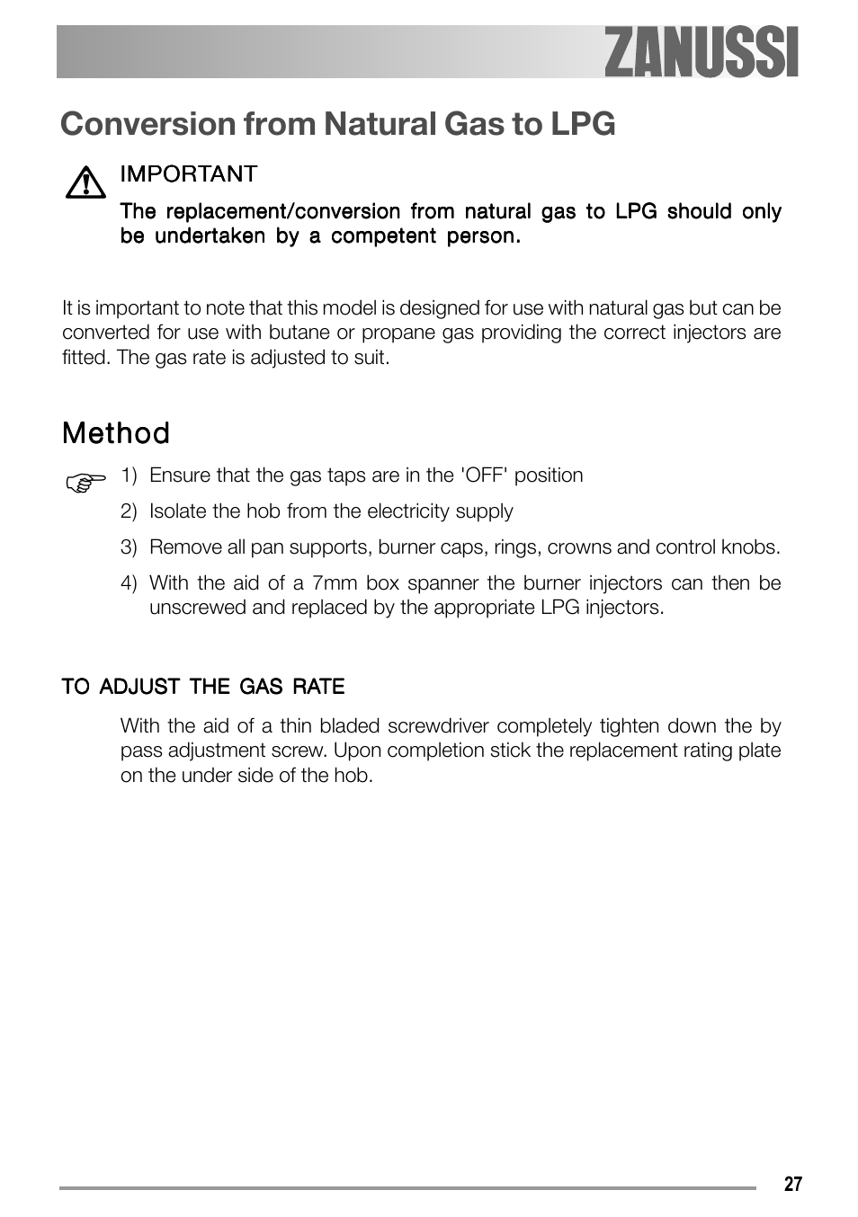 Conversion from natural gas to lpg, Method | Electrolux ZGS 782 ICT User Manual | Page 27 / 32