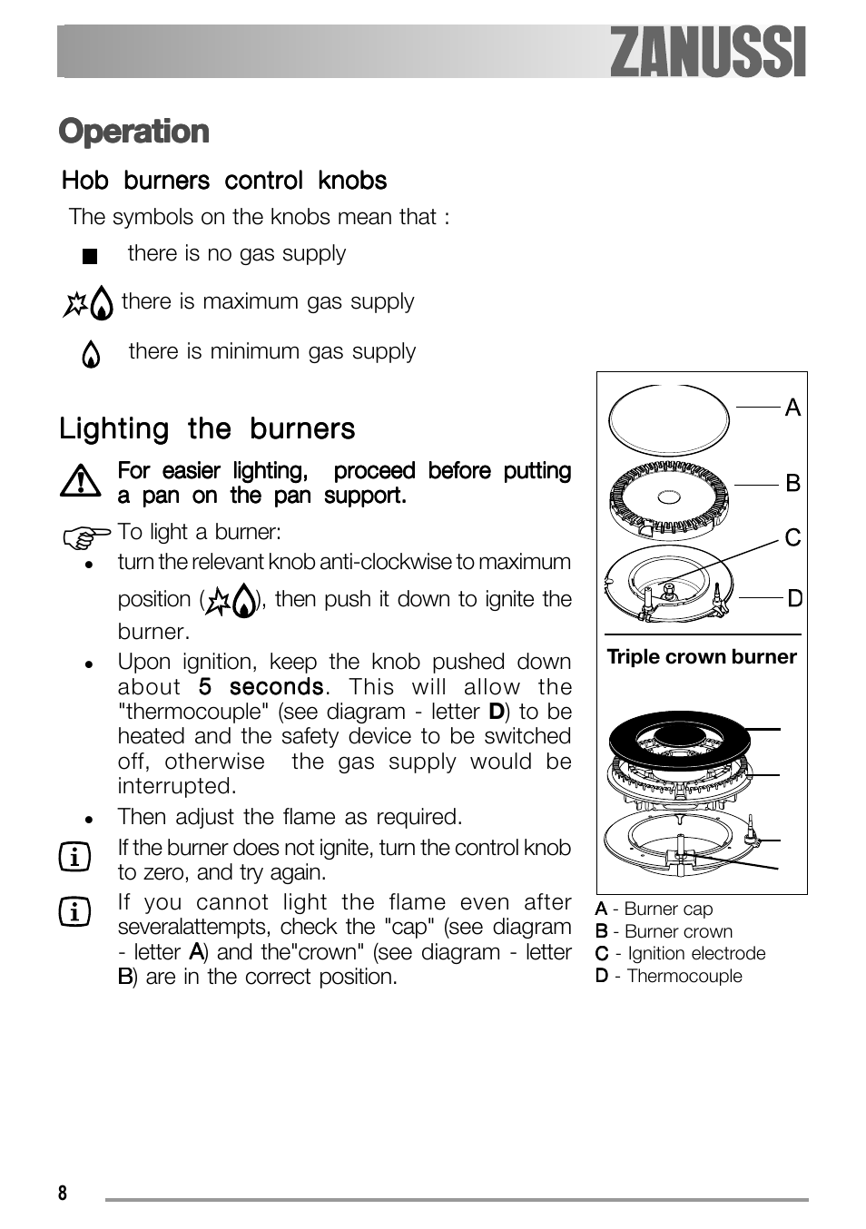 Operation, Lighting the burners | Electrolux ZGS 782 ICT User Manual | Page 8 / 32