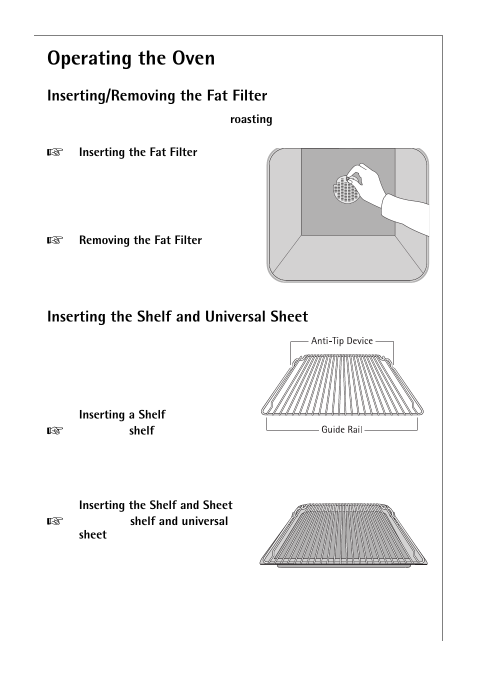 Operating the oven, Inserting/removing the fat filter, Inserting the shelf and universal sheet | Electrolux B 4100 User Manual | Page 15 / 60