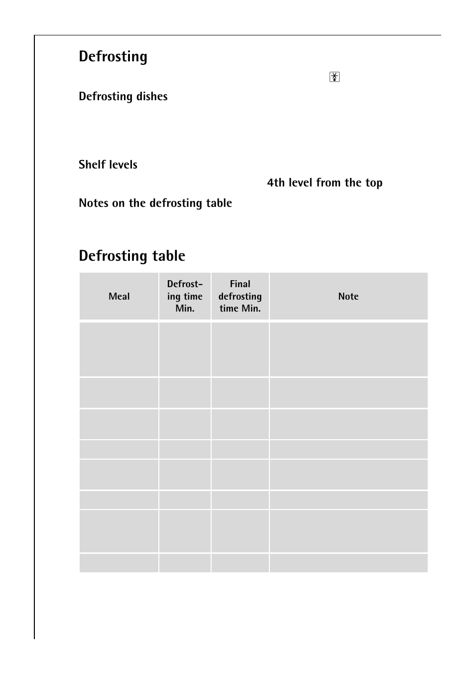 Defrosting, Defrosting table | Electrolux B 4100 User Manual | Page 36 / 60