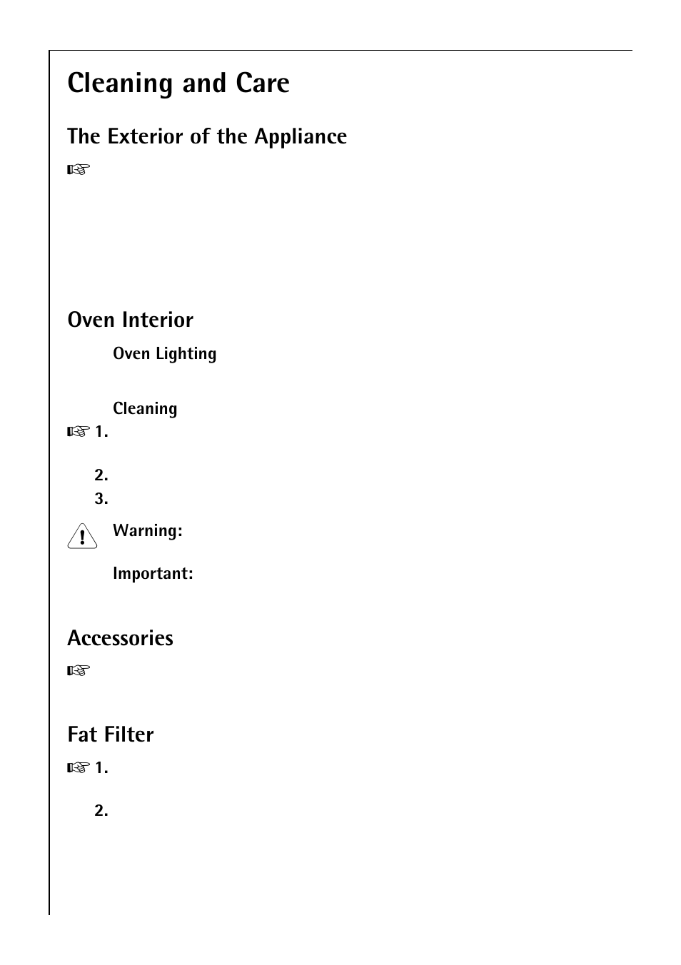 Cleaning and care, The exterior of the appliance, Oven interior | Accessories, Fat filter | Electrolux B 4100 User Manual | Page 38 / 60