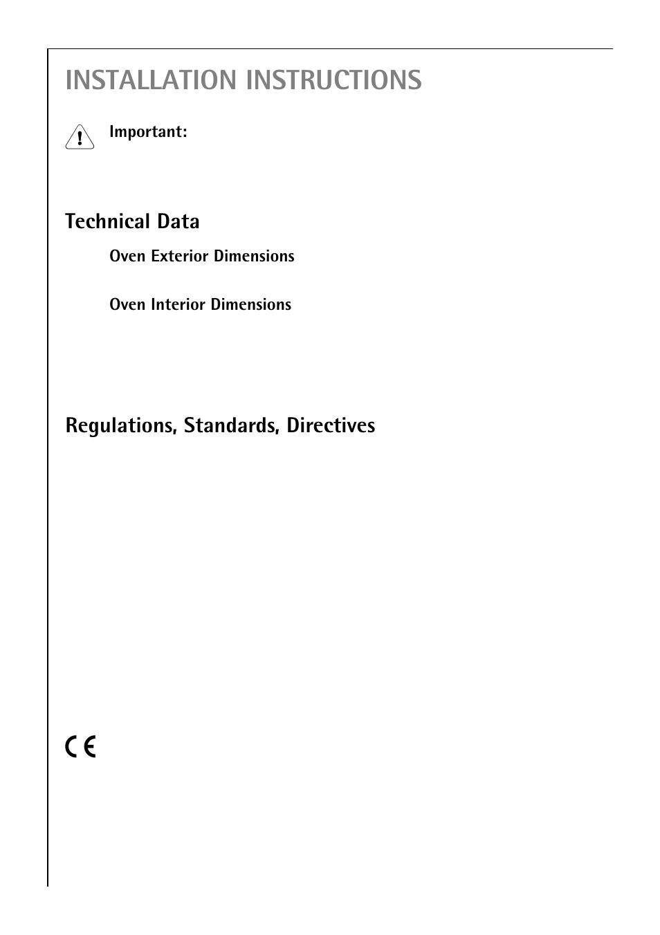 Installation instructions, Technical data, Regulations, standards, directives | Electrolux B 4100 User Manual | Page 50 / 60