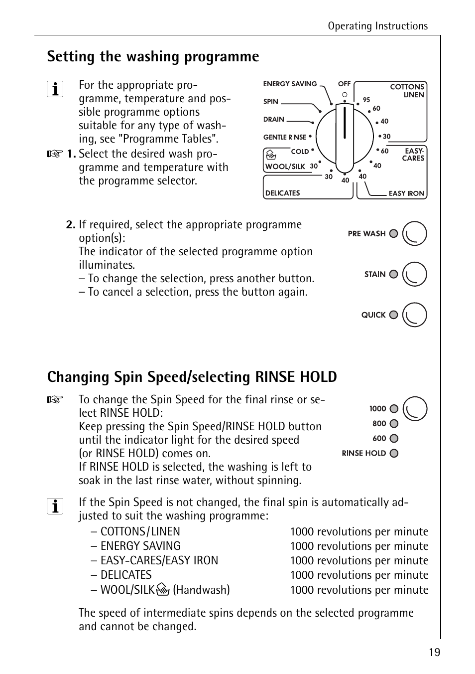 Setting the washing programme, Changing spin speed/selecting rinse hold | Electrolux LAVAMAT W 1050 User Manual | Page 19 / 52
