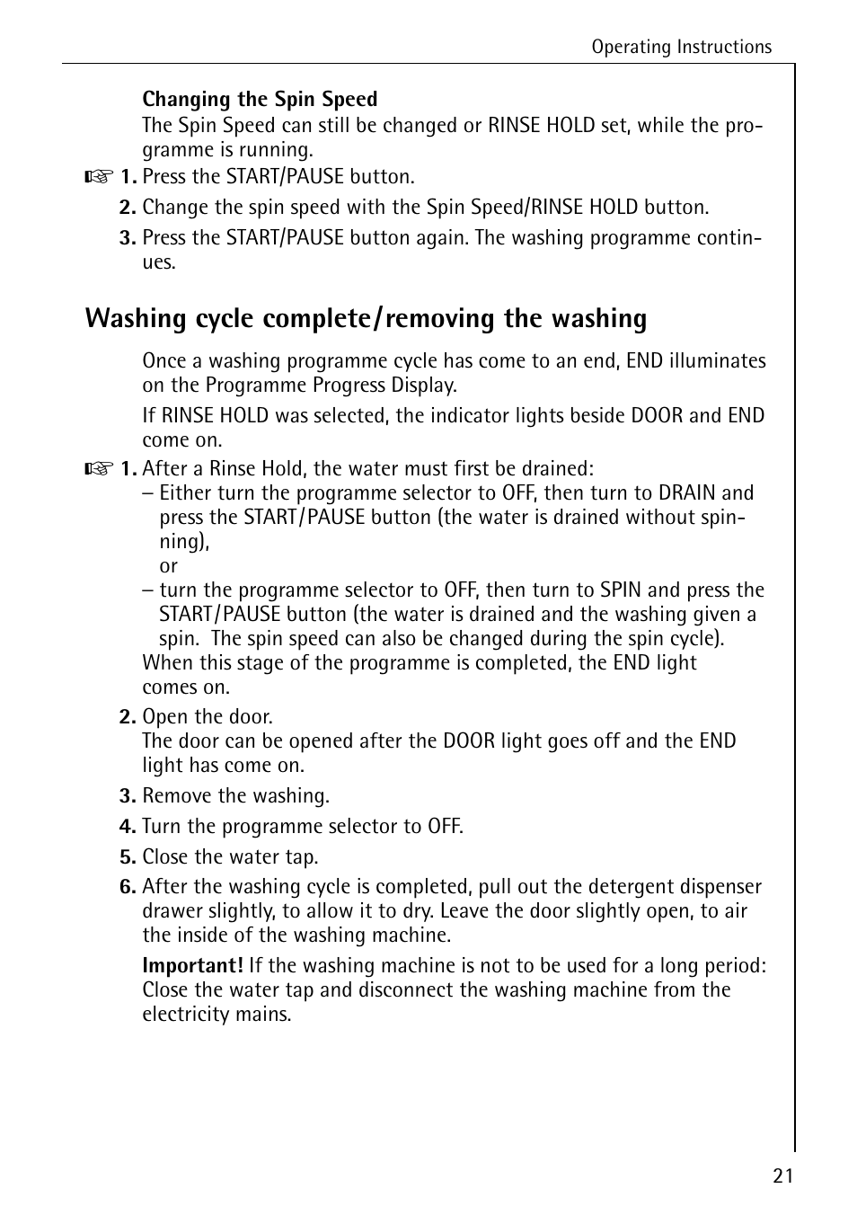 Washing cycle complete/removing the washing | Electrolux LAVAMAT W 1050 User Manual | Page 21 / 52