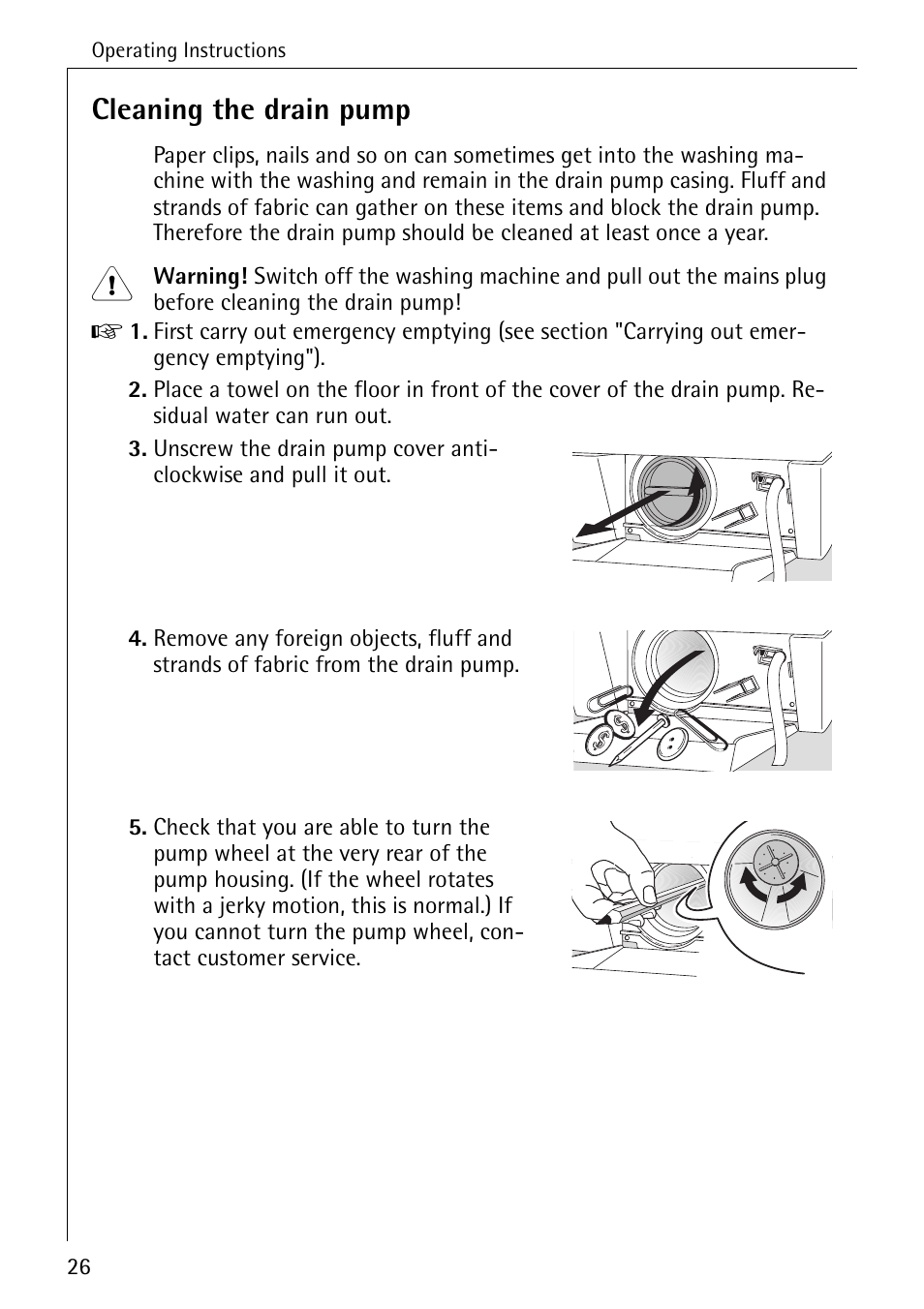 Cleaning the drain pump | Electrolux LAVAMAT W 1050 User Manual | Page 26 / 52