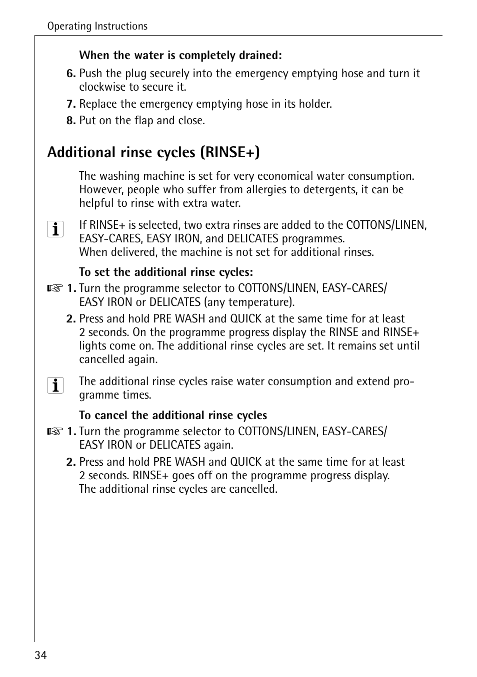 Additional rinse cycles (rinse+) | Electrolux LAVAMAT W 1050 User Manual | Page 34 / 52