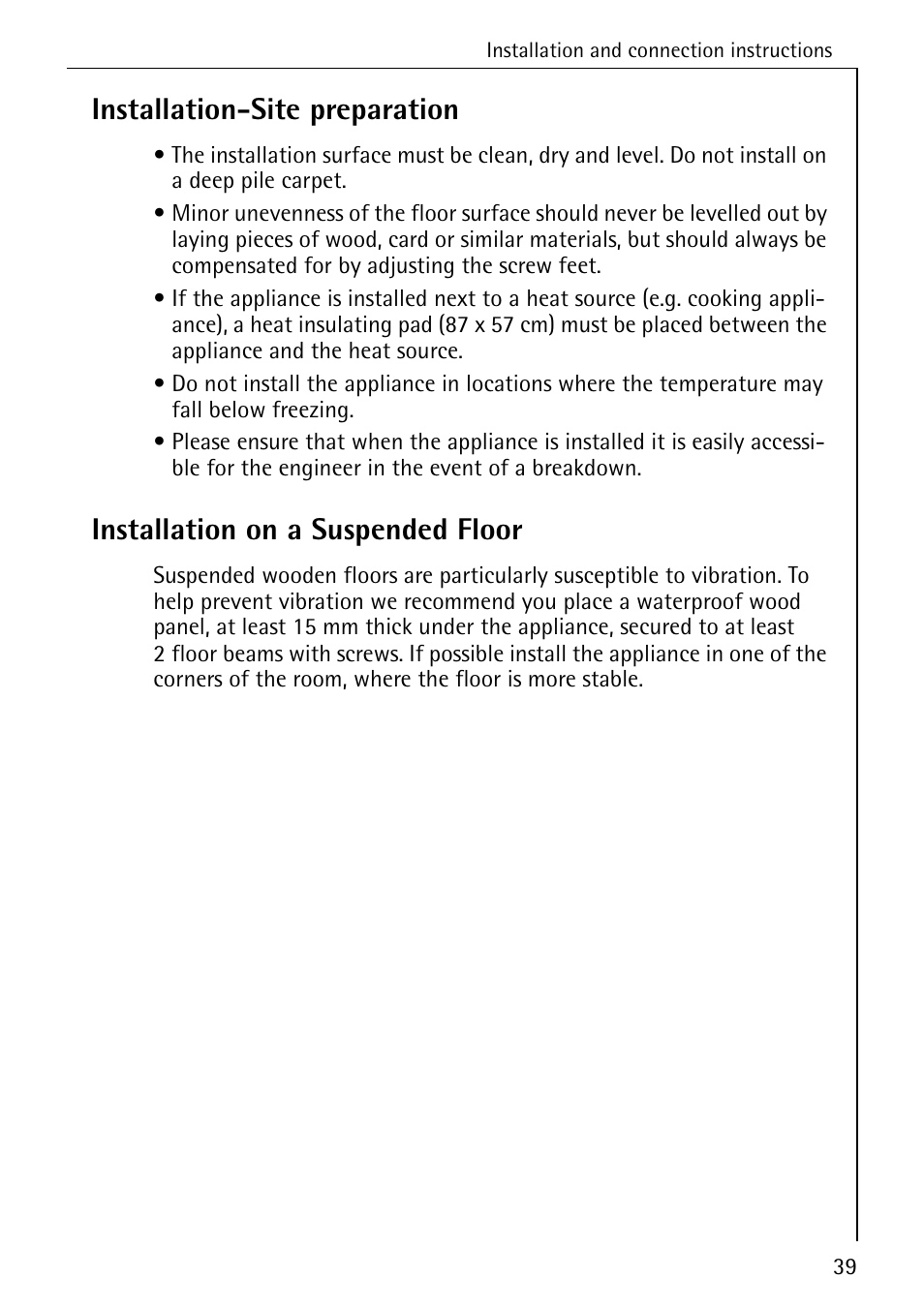 Installation-site preparation, Installation on a suspended floor | Electrolux LAVAMAT W 1050 User Manual | Page 39 / 52