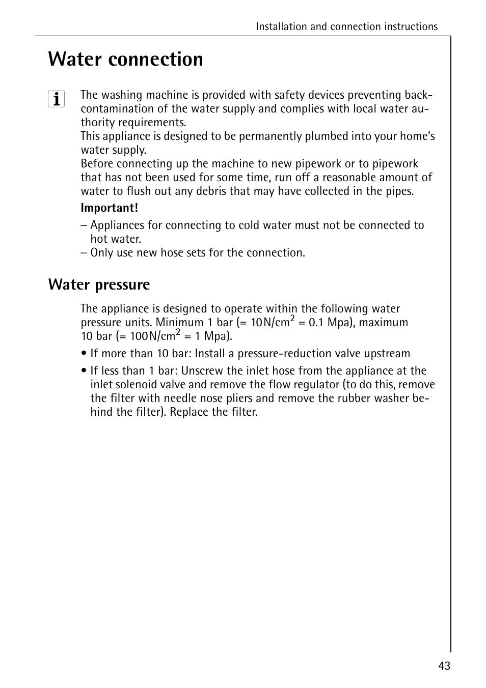 Water connection, Water pressure | Electrolux LAVAMAT W 1050 User Manual | Page 43 / 52