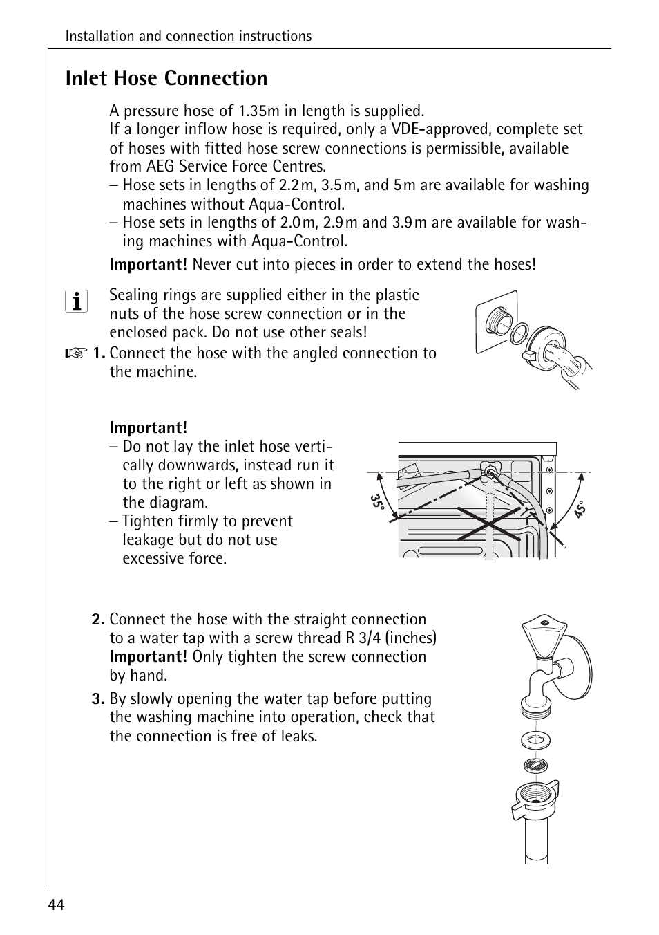 Inlet hose connection | Electrolux LAVAMAT W 1050 User Manual | Page 44 / 52