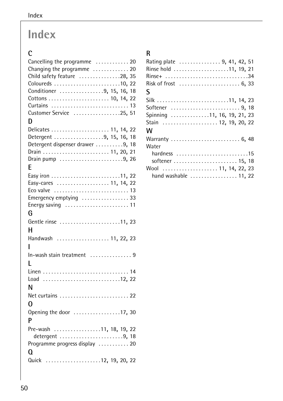 Index | Electrolux LAVAMAT W 1050 User Manual | Page 50 / 52