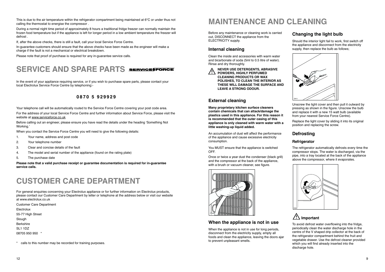 Maintenance and cleaning, Customer care department, Service and spare parts | Electrolux ER 7826 B User Manual | Page 12 / 20