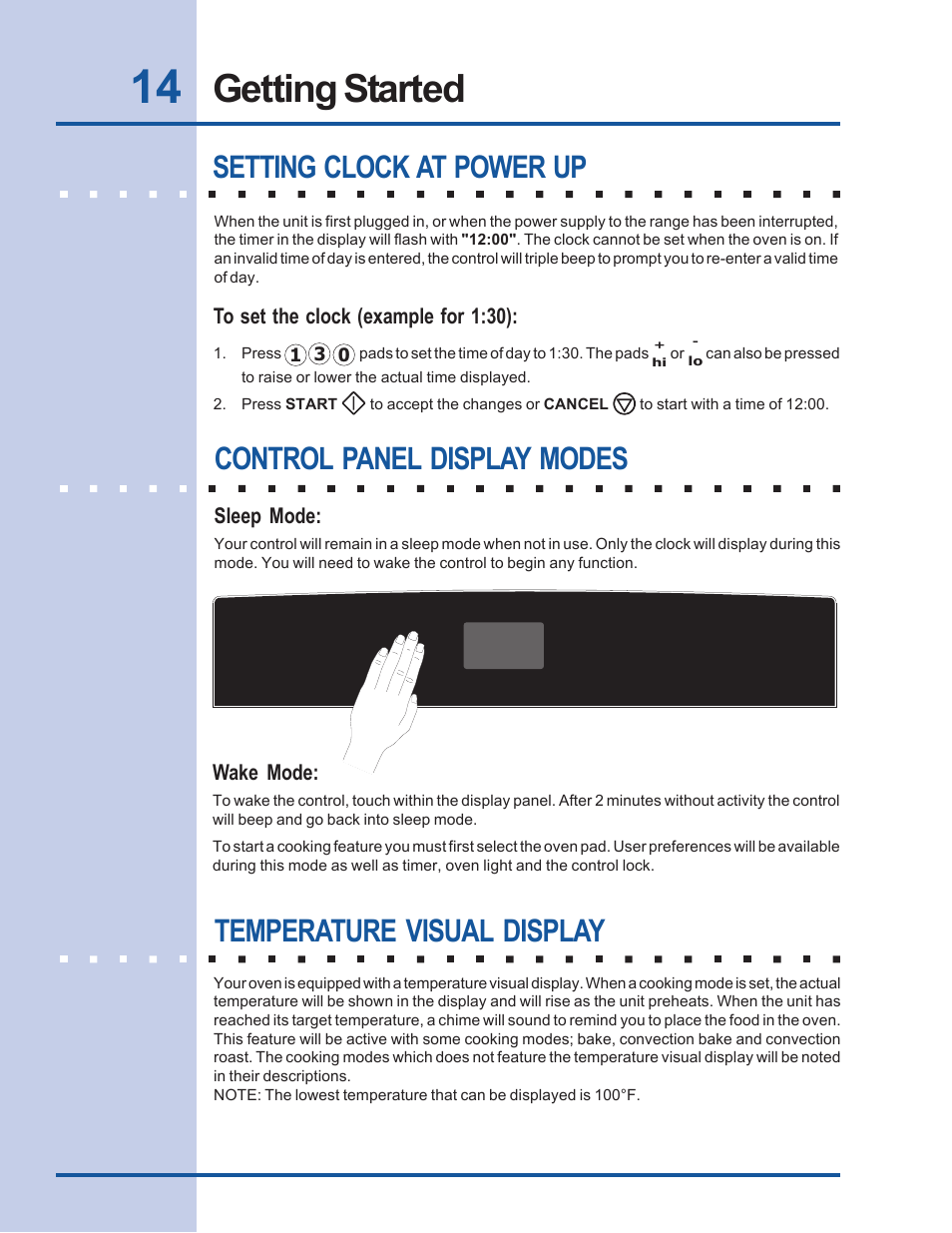 Getting started, Temperature visual display | Electrolux Built-In Wall Oven User Manual | Page 14 / 44