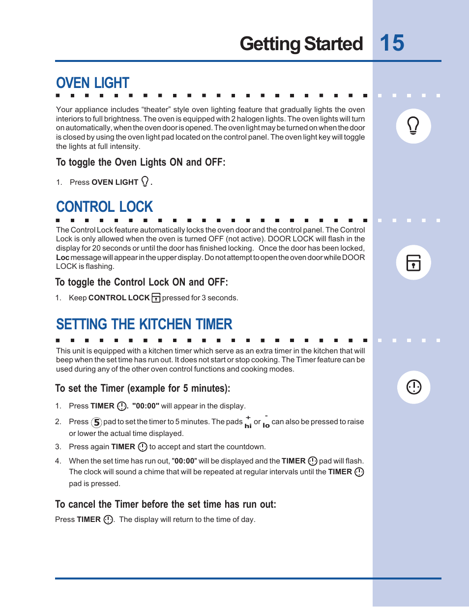 Getting started, Oven light, Control lock | Setting the kitchen timer | Electrolux Built-In Wall Oven User Manual | Page 15 / 44