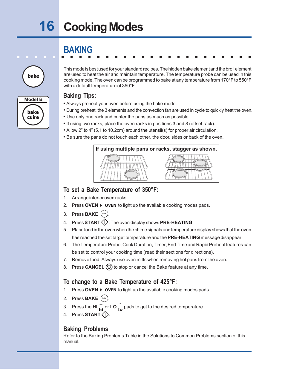 Cooking modes, Baking, Baking tips | Baking problems | Electrolux Built-In Wall Oven User Manual | Page 16 / 44