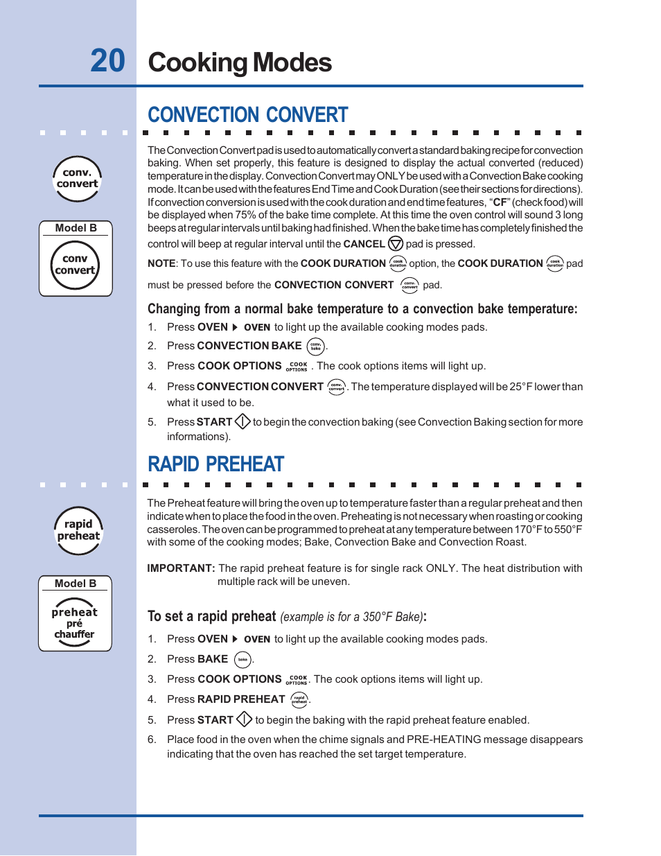 Cooking modes, Convection convert, Rapid preheat | Electrolux Built-In Wall Oven User Manual | Page 20 / 44