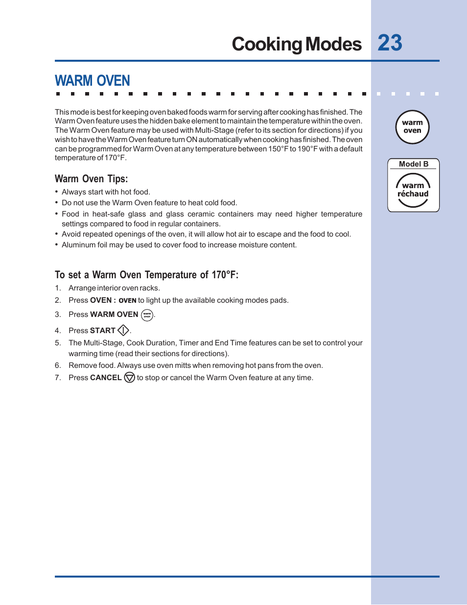 Cooking modes, Warm oven | Electrolux Built-In Wall Oven User Manual | Page 23 / 44