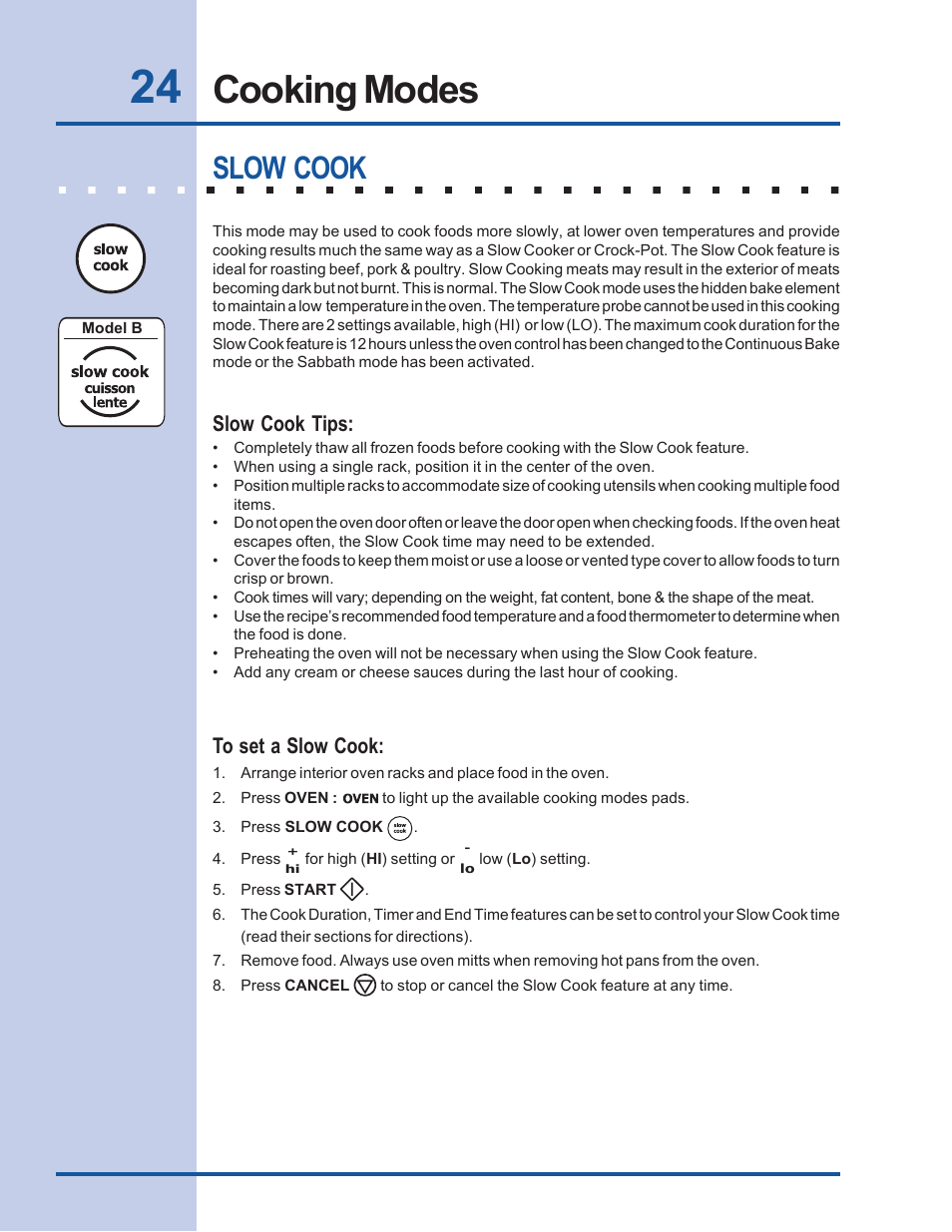 Cooking modes, Slow cook, Slow cook tips | Electrolux Built-In Wall Oven User Manual | Page 24 / 44