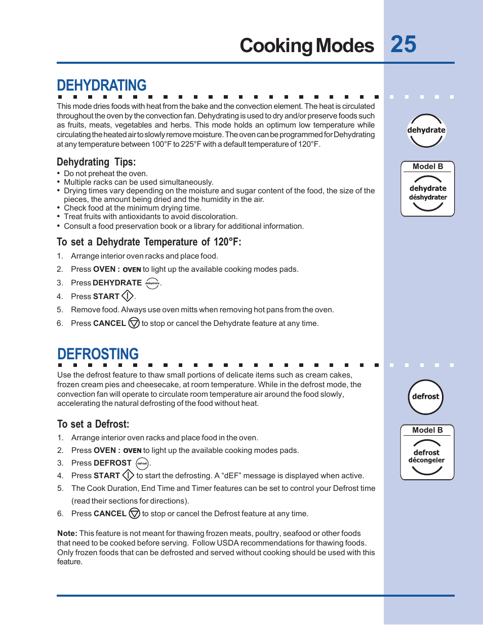 Cooking modes, Dehydrating, Defrosting | Electrolux Built-In Wall Oven User Manual | Page 25 / 44