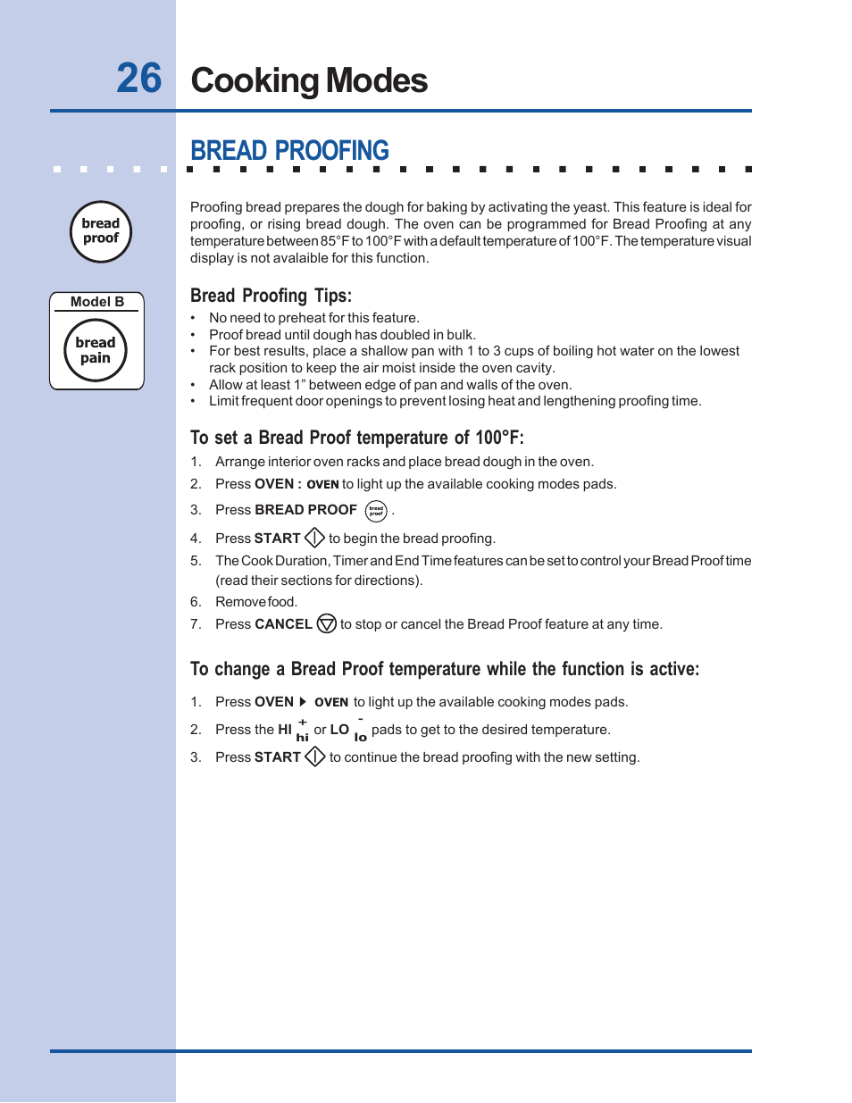 Cooking modes, Bread proofing, Bread proofing tips | Electrolux Built-In Wall Oven User Manual | Page 26 / 44