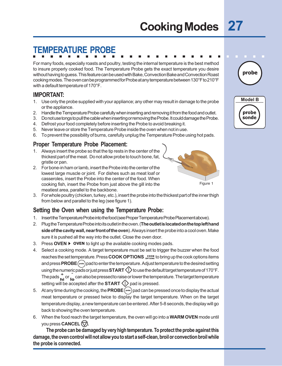 Cooking modes, Temperature probe, Important | Proper temperature probe placement, Setting the oven when using the temperature probe | Electrolux Built-In Wall Oven User Manual | Page 27 / 44