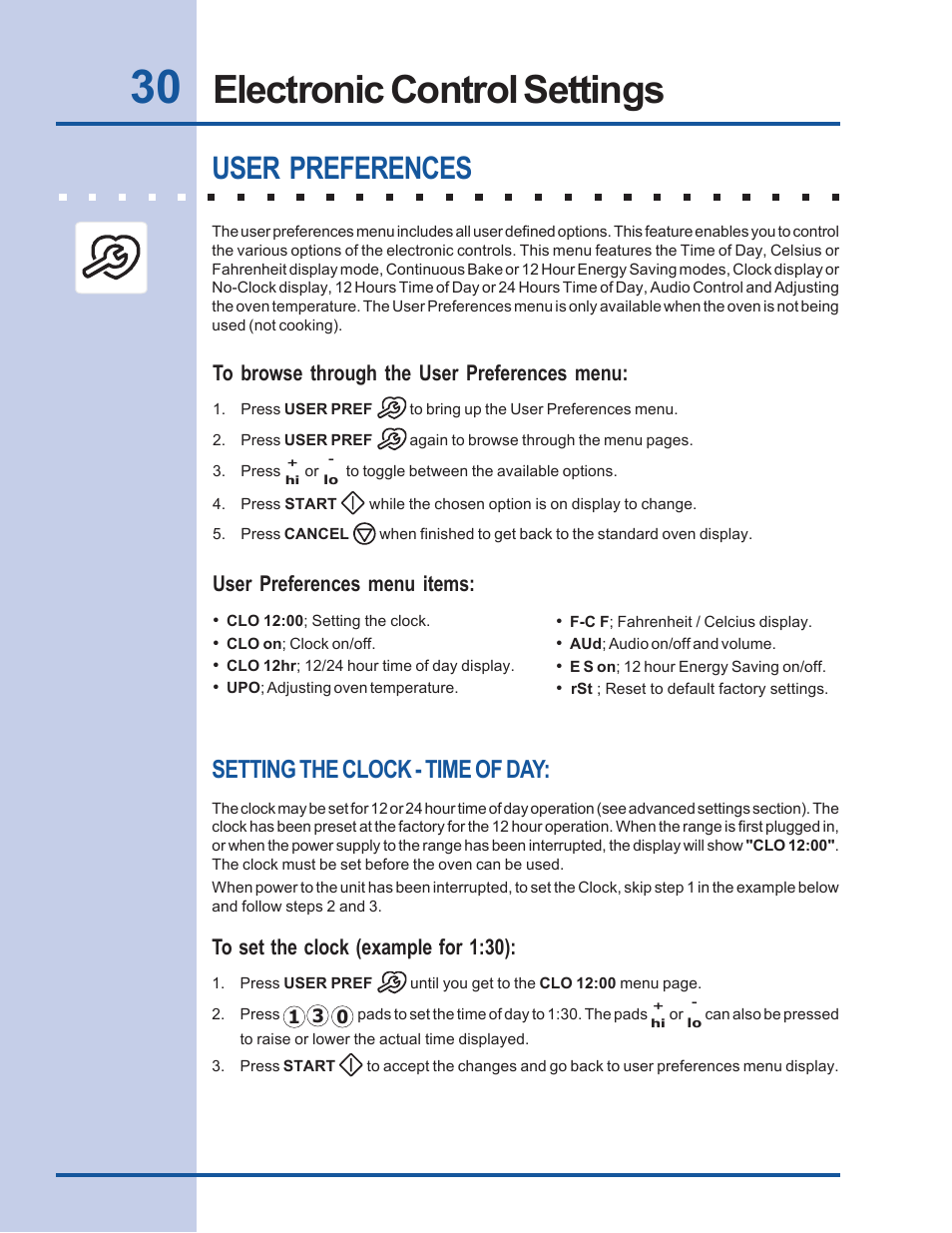 Electronic control settings, User preferences, Setting the clock - time of day | User preferences menu items | Electrolux Built-In Wall Oven User Manual | Page 30 / 44