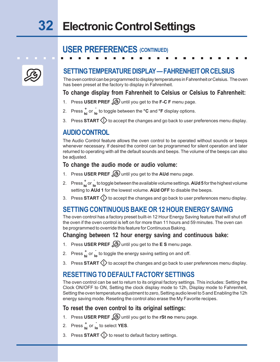 Electronic control settings, User preferences, Setting continuous bake or 12 hour energy saving | Resetting to default factory settings, Audio control | Electrolux Built-In Wall Oven User Manual | Page 32 / 44