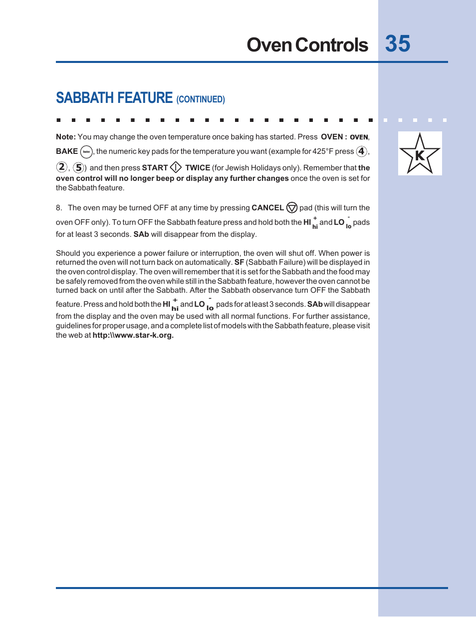 Oven controls, Sabbath feature | Electrolux Built-In Wall Oven User Manual | Page 35 / 44