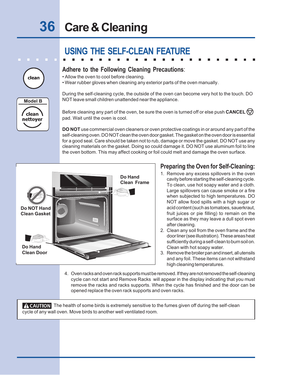 Care & cleaning, Using the self-clean feature | Electrolux Built-In Wall Oven User Manual | Page 36 / 44