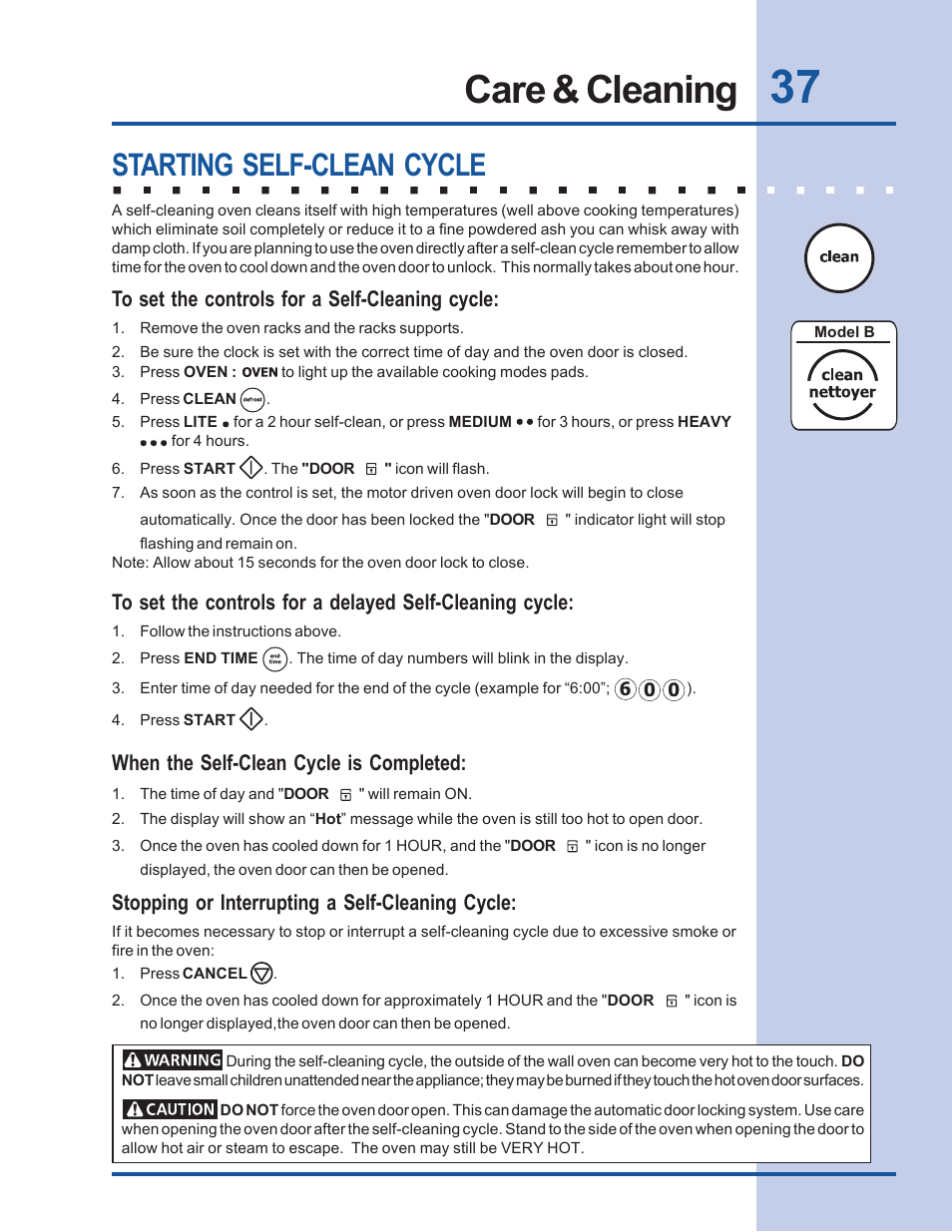 Care & cleaning, Starting self-clean cycle, When the self-clean cycle is completed | Stopping or interrupting a self-cleaning cycle | Electrolux Built-In Wall Oven User Manual | Page 37 / 44