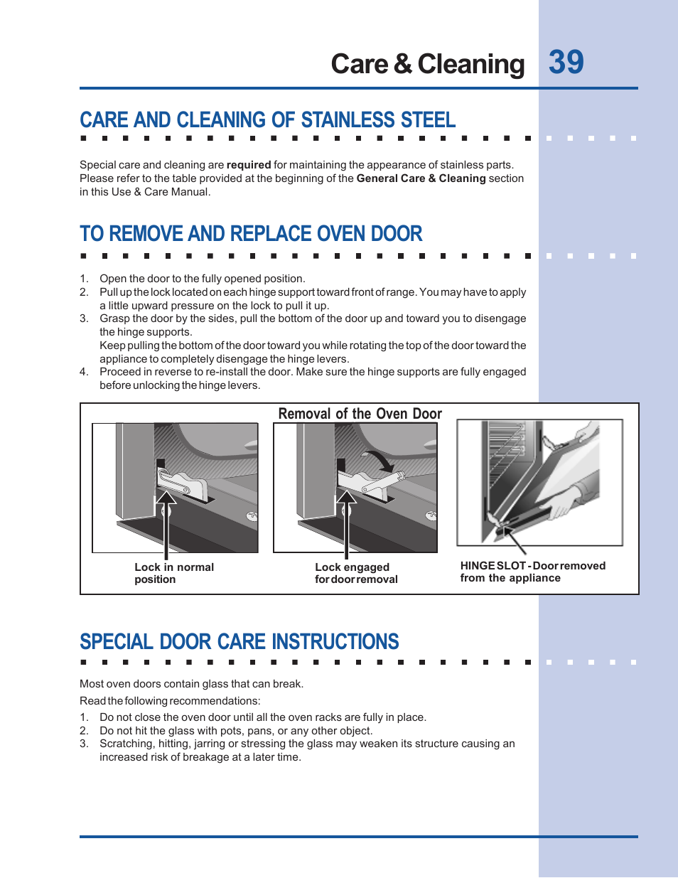 Care & cleaning, Special door care instructions, Care and cleaning of stainless steel | Electrolux Built-In Wall Oven User Manual | Page 39 / 44