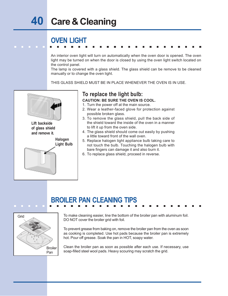 Care & cleaning, Oven light, Broiler pan cleaning tips | Electrolux Built-In Wall Oven User Manual | Page 40 / 44